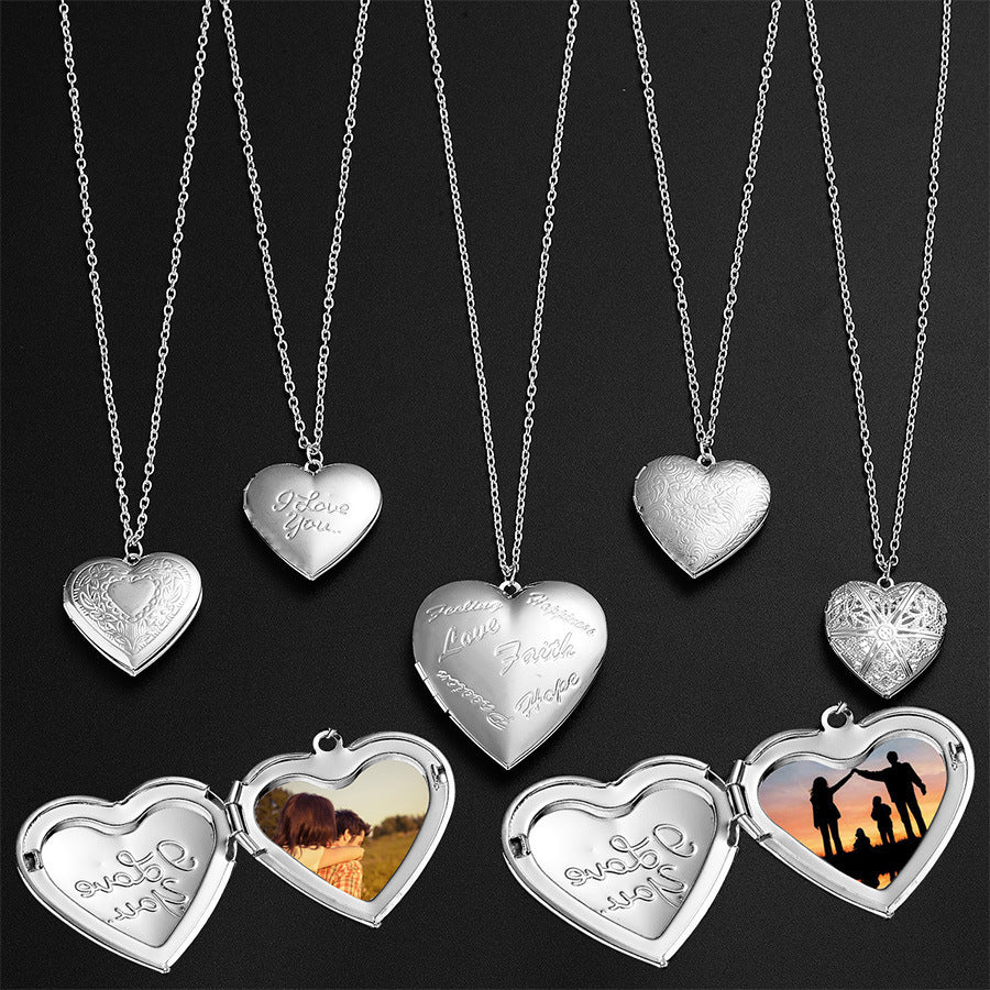 Carved Design Love Necklace Personalized Heart-shaped Photo Frame Pendant Necklace