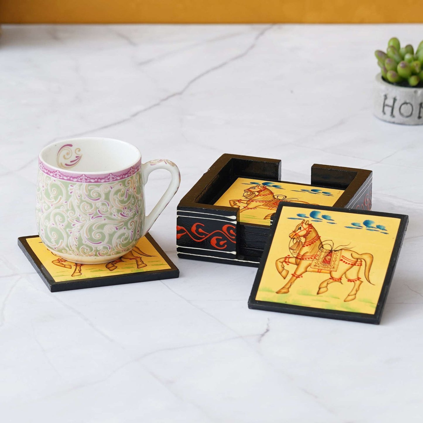 Handcrafted Wooden Horse Hand-Painted Tea Coaster Set – Set of 4 with Holder