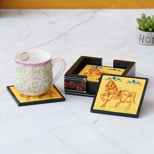 Handcrafted Wooden Horse Hand-Painted Tea Coaster Set – Set of 4 with Holder
