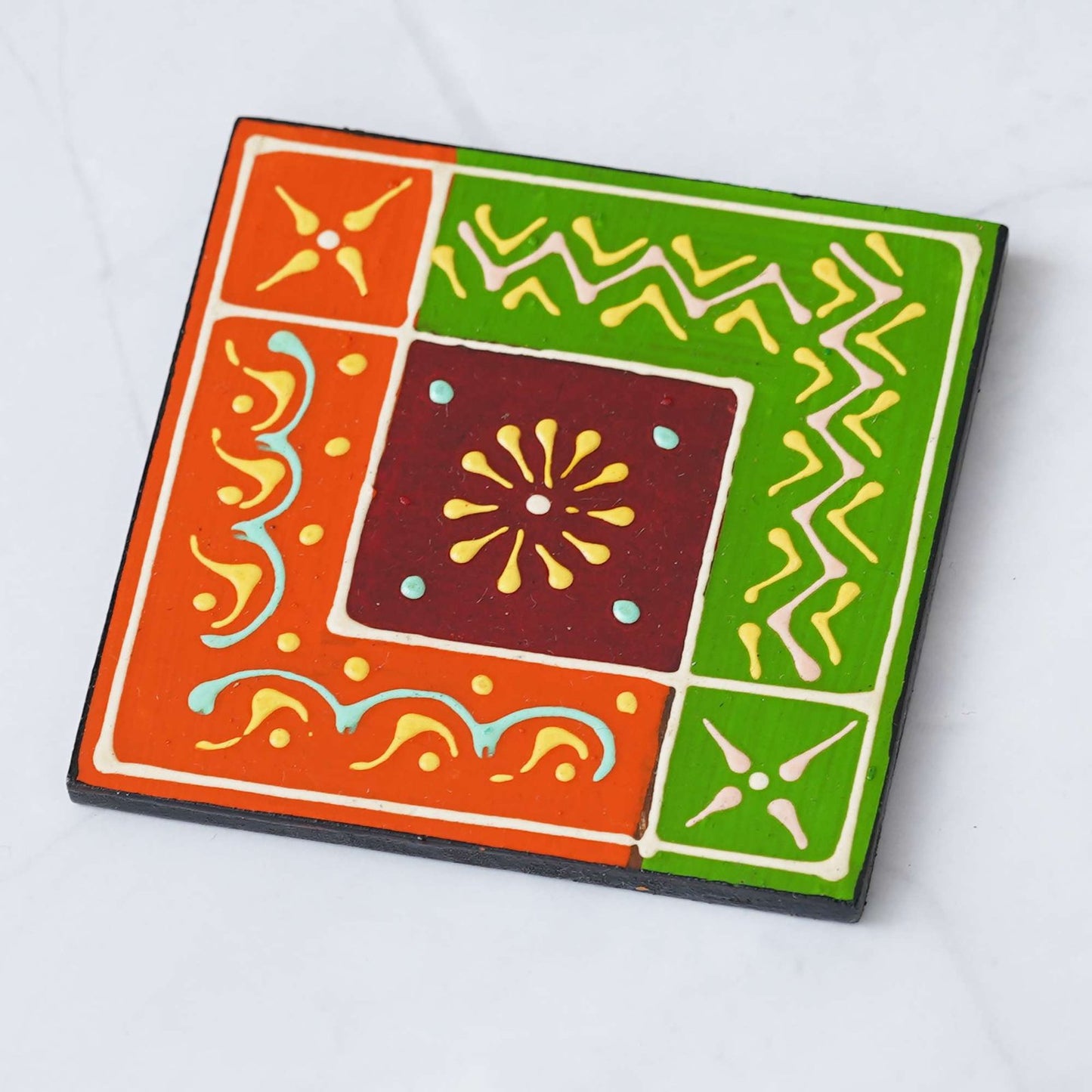 Handcrafted Multicolor Wooden Tea Coaster Set – Traditional Hand-Painted Design (Set of 6 with Holder)