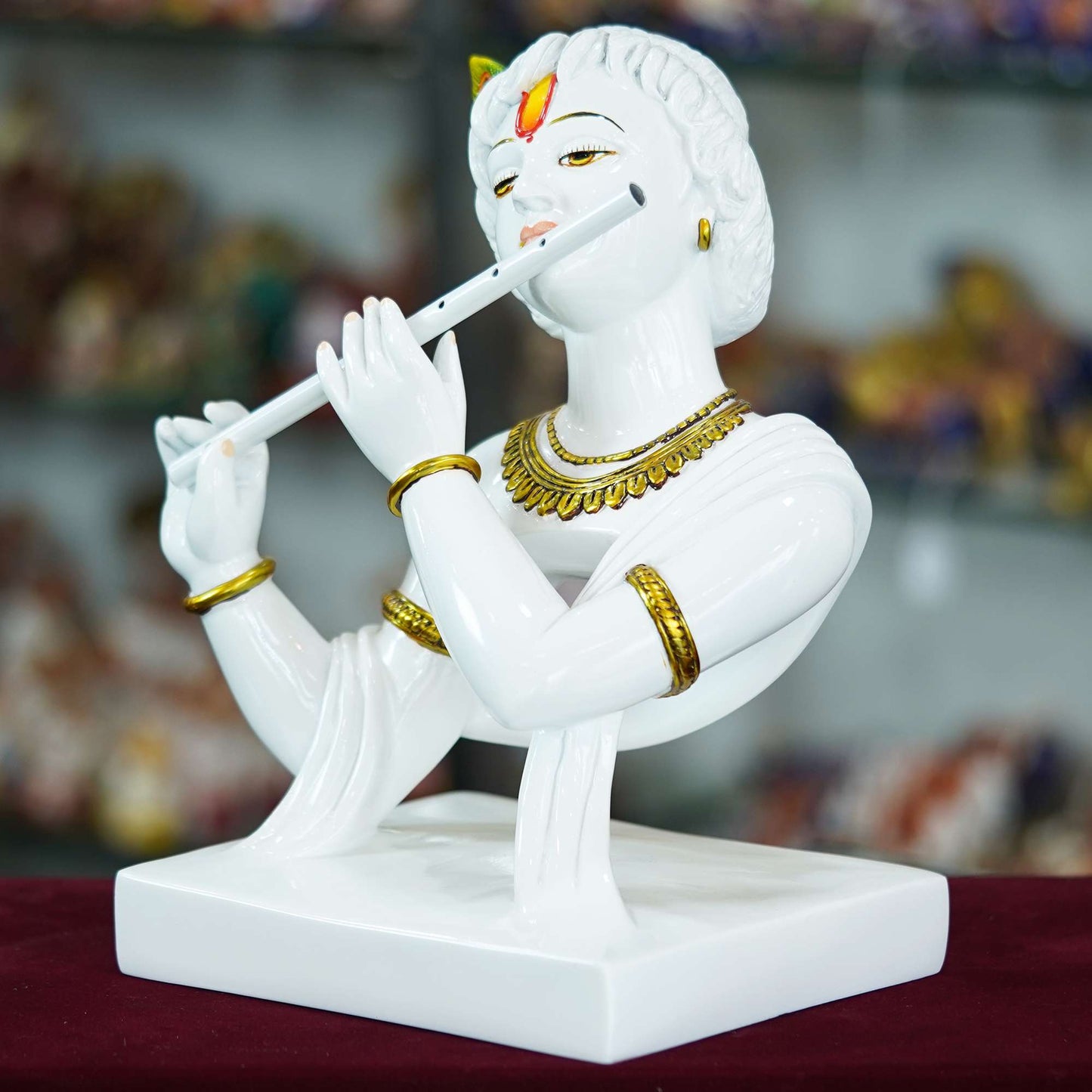 Elegant Lord Krishna Bust Statue – White Marble Finish with Flute and Peacock Feather Detail
