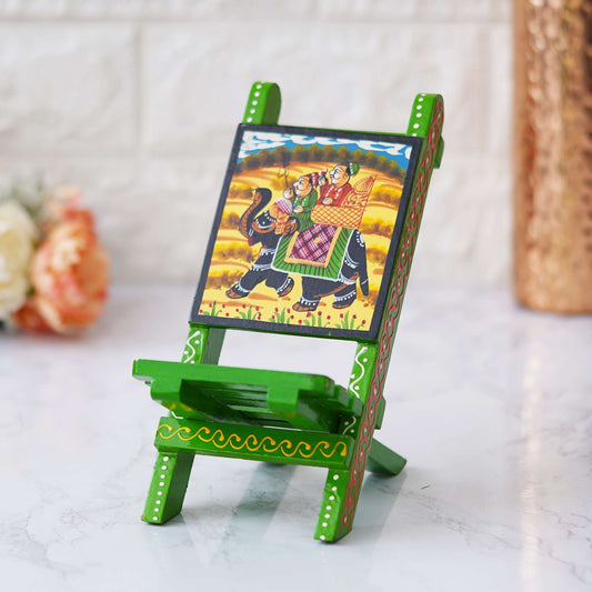 Hand-Painted Wooden Mobile Stand – Vibrant Rajasthani Elephant Artwork