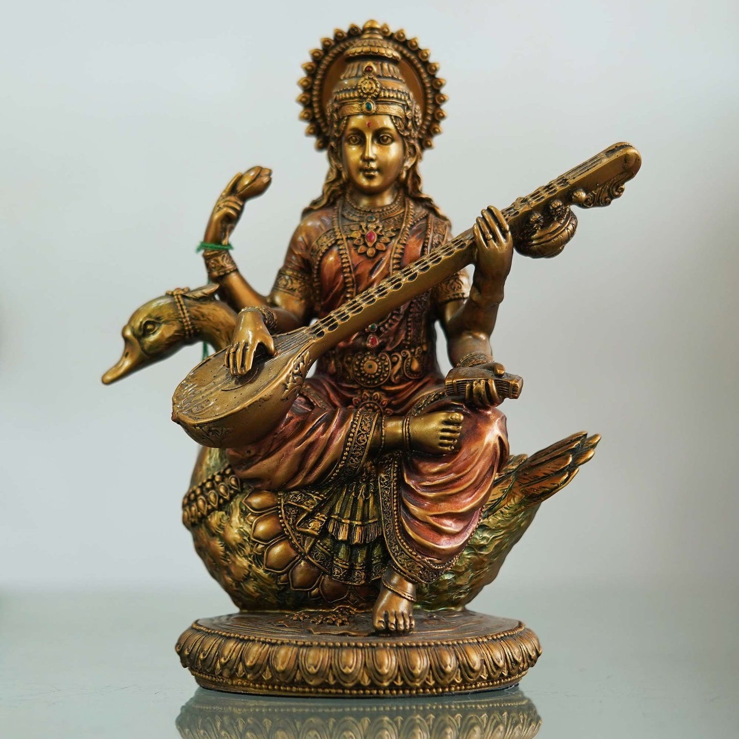 Handcrafted Brass Goddess Saraswati Idol – Seated on Swan with Veena (10 Inch)