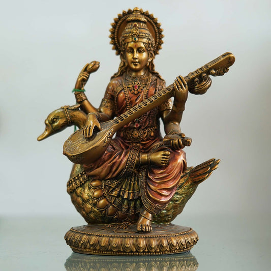 Handcrafted Brass Goddess Saraswati Idol – Seated on Swan with Veena (10 Inch)