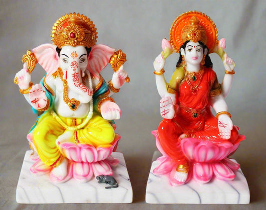 Colorful Lakshmi Ganesh Idol Set – Decorative Marble Finish Statues for Prosperity and Auspicious Beginnings