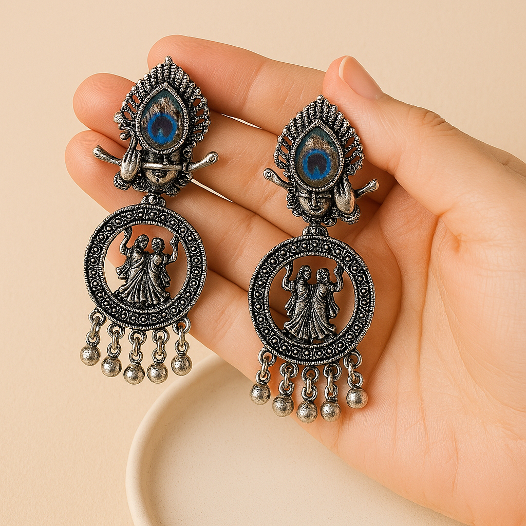 Silver Beads Ethnic Jhumka (Radha Krishna Design)