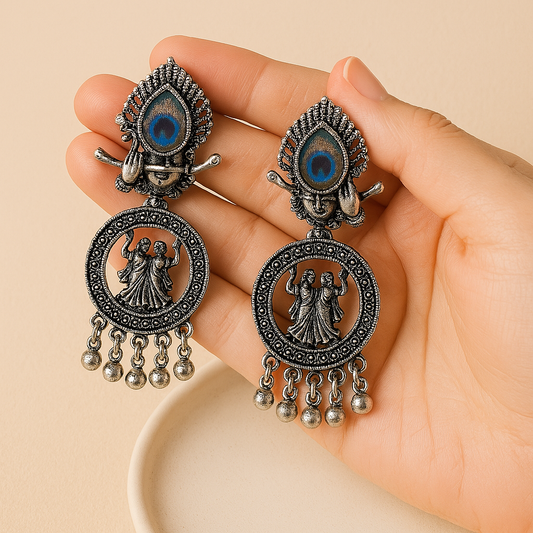 Silver Beads Ethnic Jhumka (Radha Krishna Design)