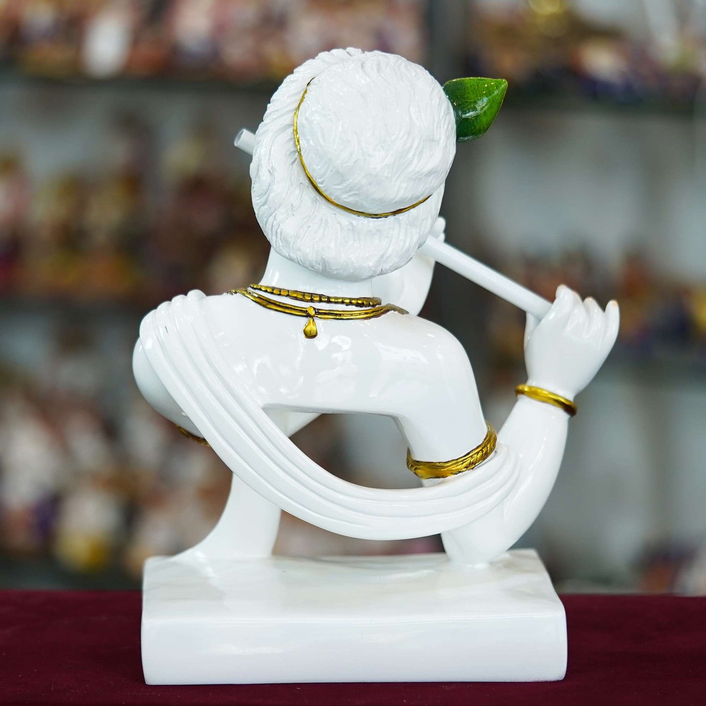 Elegant Lord Krishna Bust Statue – White Marble Finish with Flute and Peacock Feather Detail