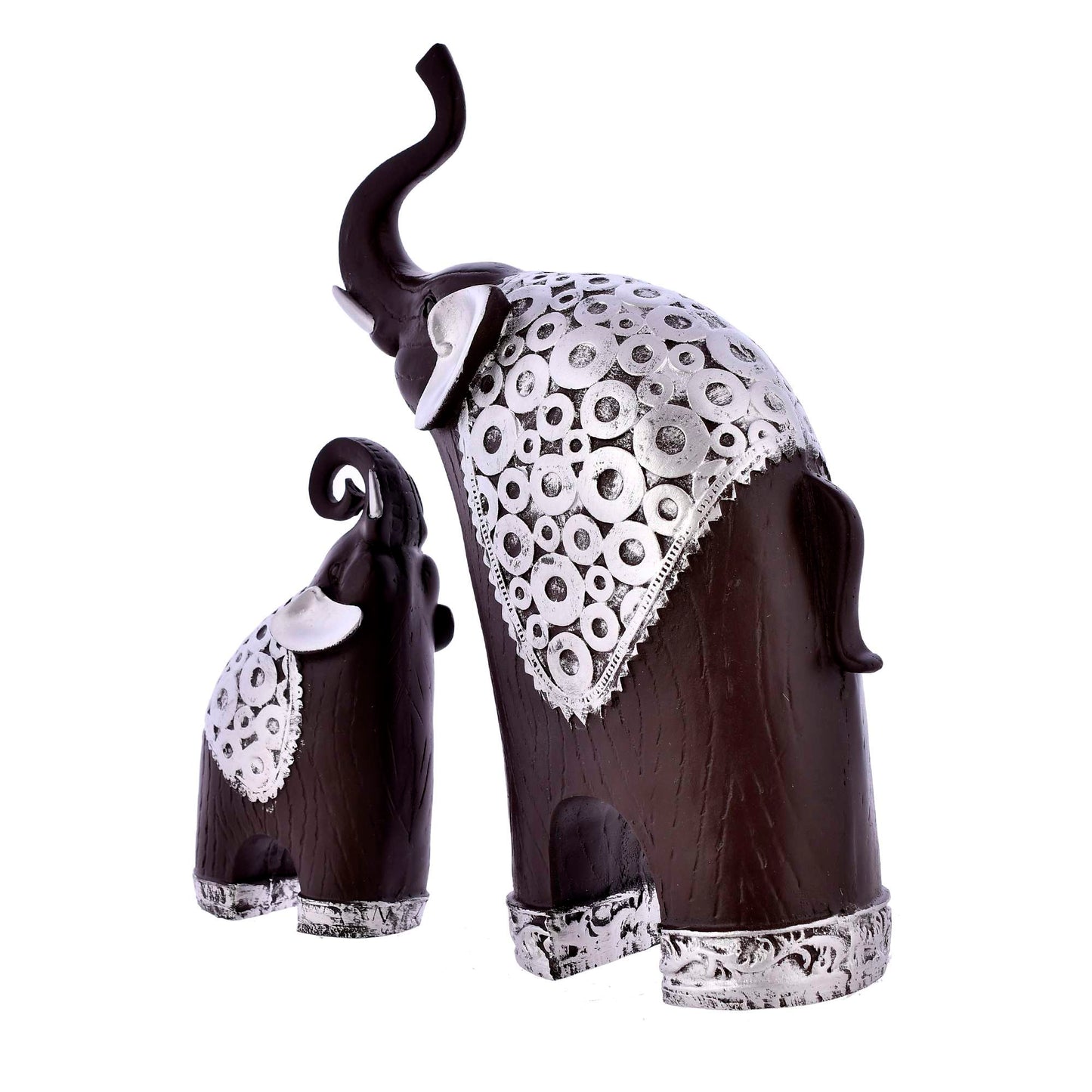 Handcrafted Decorative Elephant Set – Rustic Brown with Silver Detailing (Set of 2)