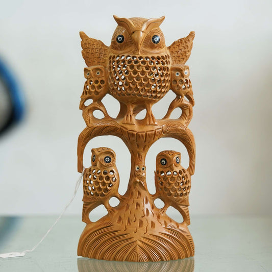 Hand-Carved Wooden Owl Family – Symbol of Wisdom and Grace
