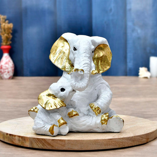 White & Gold Elephant Mom and Baby Figurine – Elegant Resin Showpiece for Home Decor