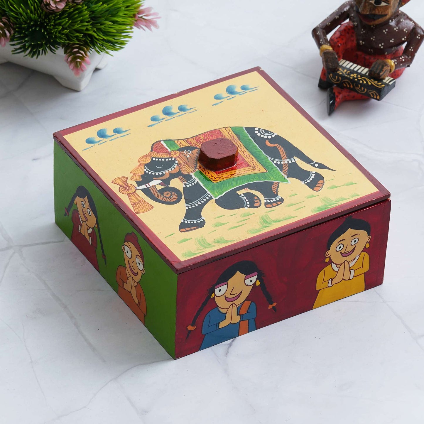 Hand-Painted Wooden Dry Fruit Box – Traditional Rajasthani Elephant Artwork