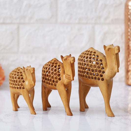 Handcrafted Wooden Camel Set – Intricate Jali Work Décor from Rajasthan