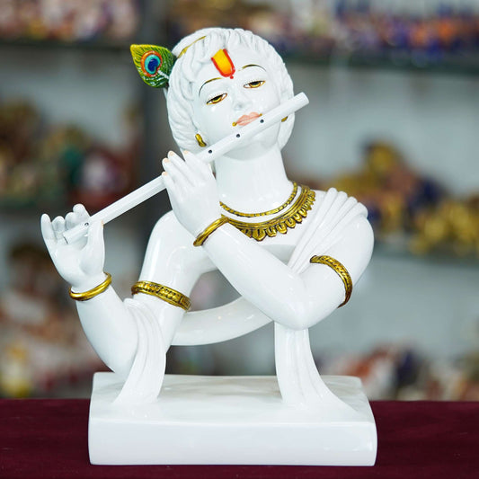 Elegant Lord Krishna Bust Statue – White Marble Finish with Flute and Peacock Feather Detail