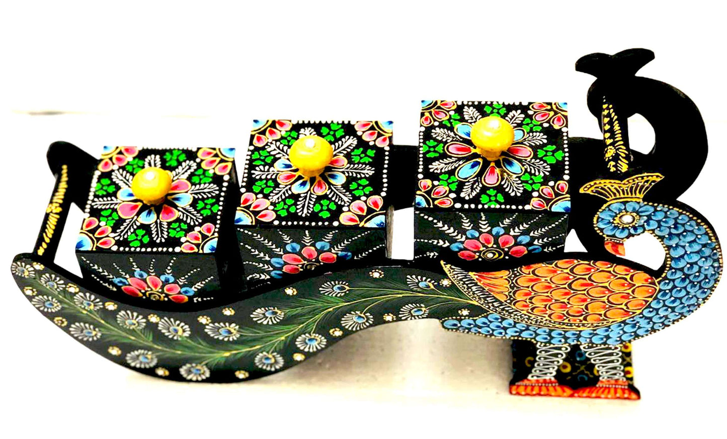 Majestic Peacock Wooden Spice Box – A Symphony of Art and Function