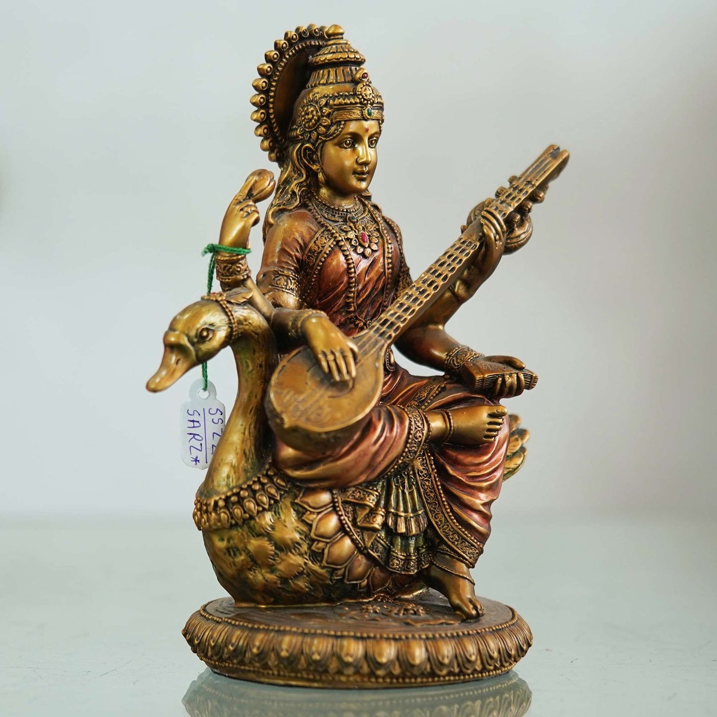 Handcrafted Brass Goddess Saraswati Idol – Seated on Swan with Veena (10 Inch)