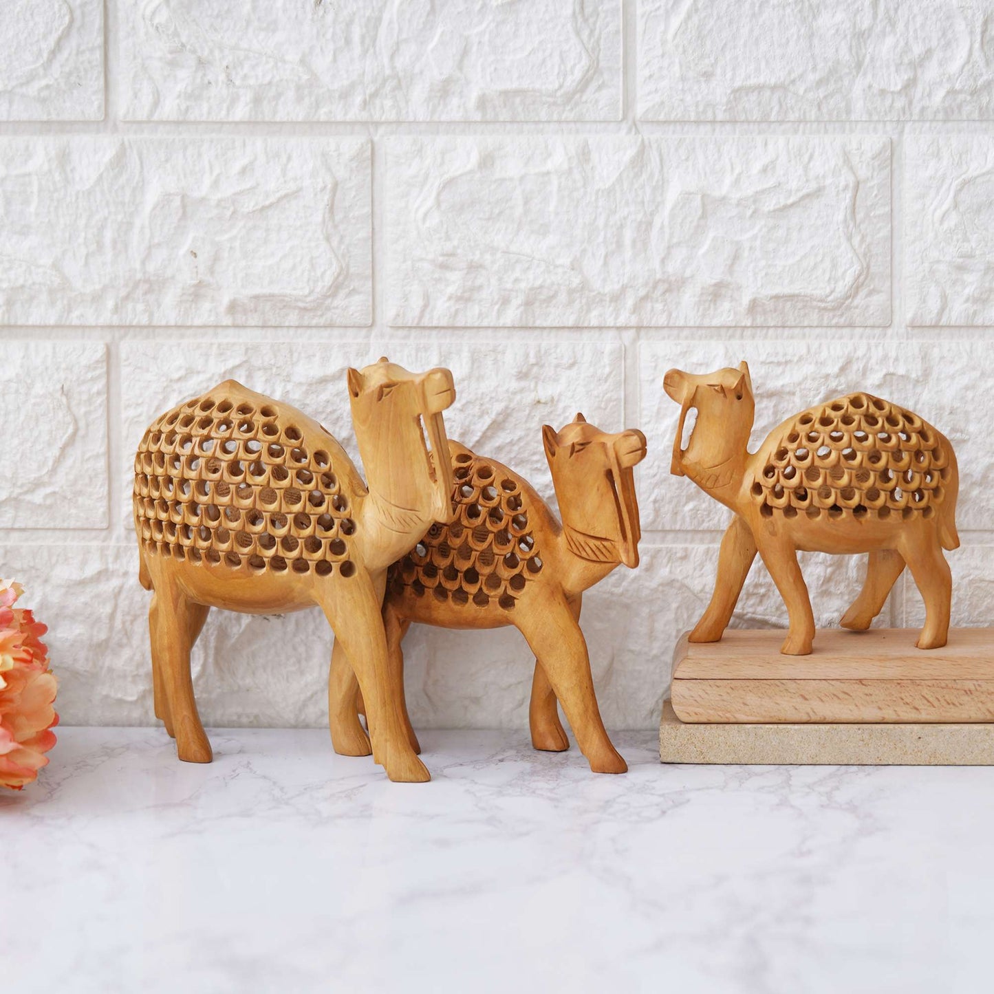 Handcrafted Wooden Camel Set – Intricate Jali Work Décor from Rajasthan