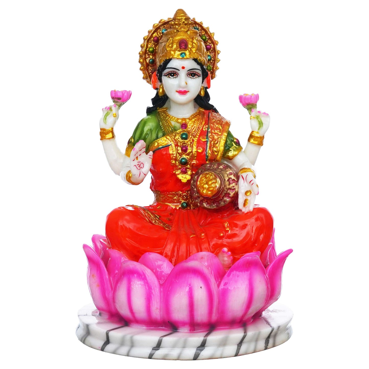 Vibrant Goddess Lakshmi Idol – Seated on Lotus, Marble Base Decorative Statue