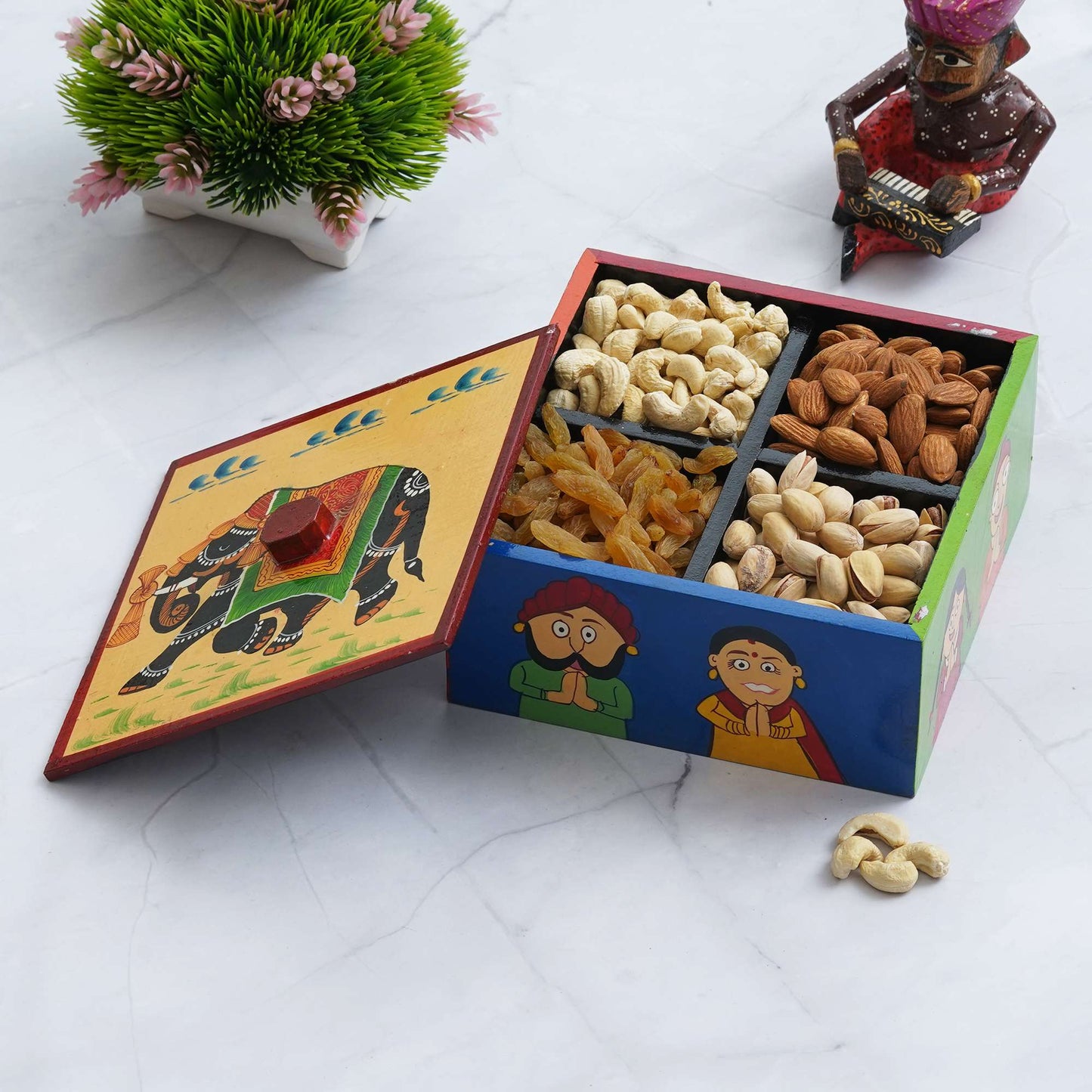 Hand-Painted Wooden Dry Fruit Box – Traditional Rajasthani Elephant Artwork