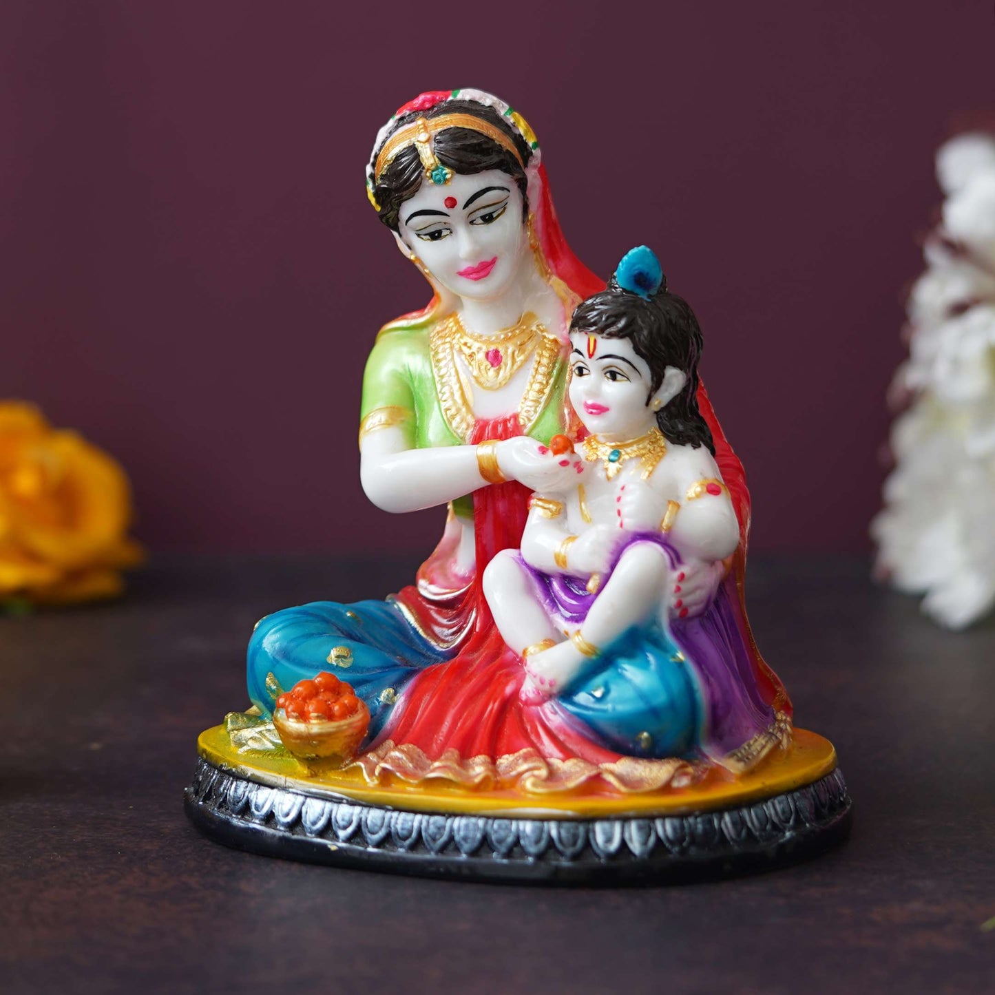 Hand-Painted Yashoda Krishna Idol | Divine Mother-Child Marble Figurine for Home Decor & Pooja