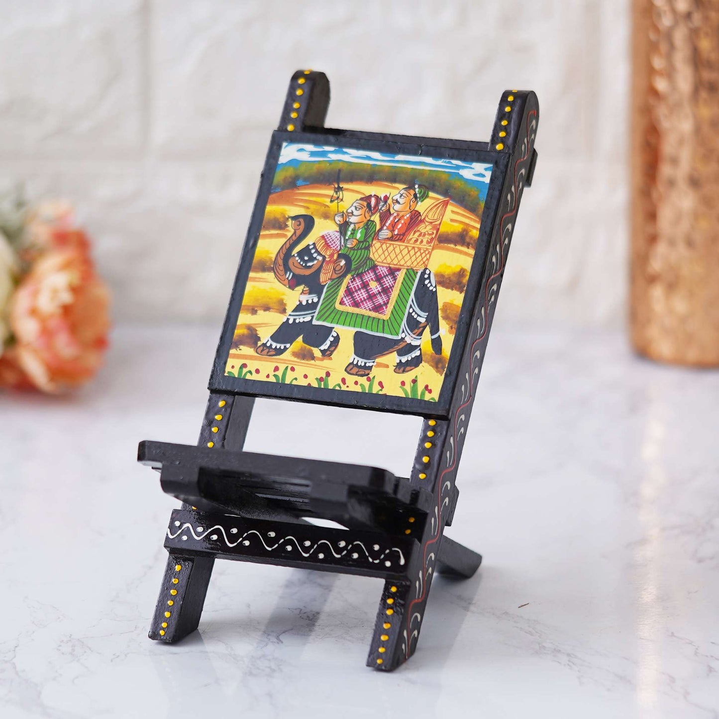 Hand-Painted Wooden Mobile Stand – Vibrant Rajasthani Elephant Artwork