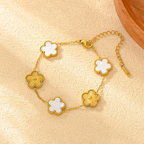 White & Gold Four Leaf Lucky Clover Bracelet