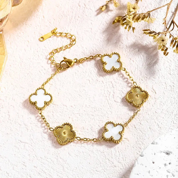 White & Gold Four Leaf Lucky Clover Bracelet