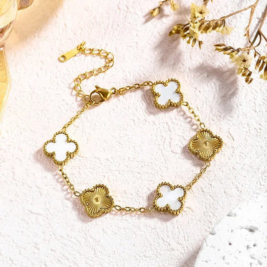 White & Gold Four Leaf Lucky Clover Bracelet