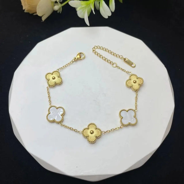 White & Gold Four Leaf Lucky Clover Bracelet