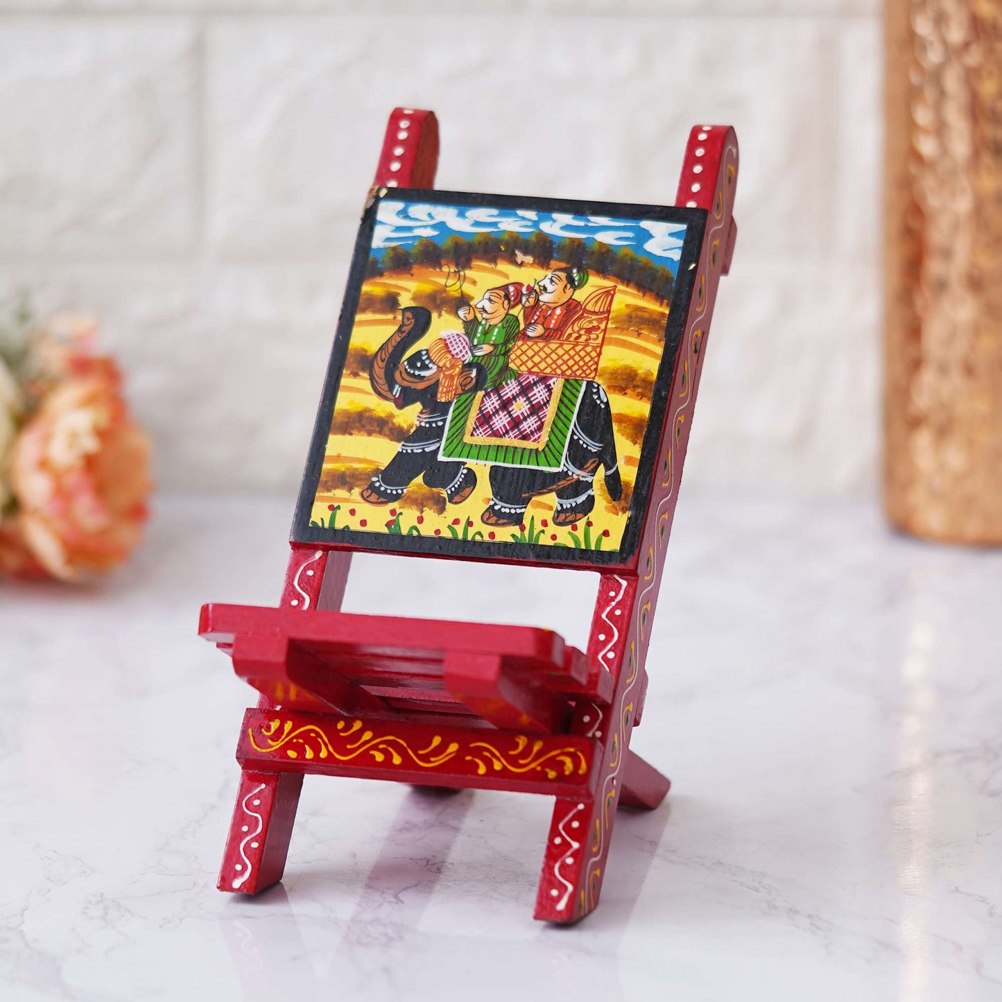 Hand-Painted Wooden Mobile Stand – Vibrant Rajasthani Elephant Artwork