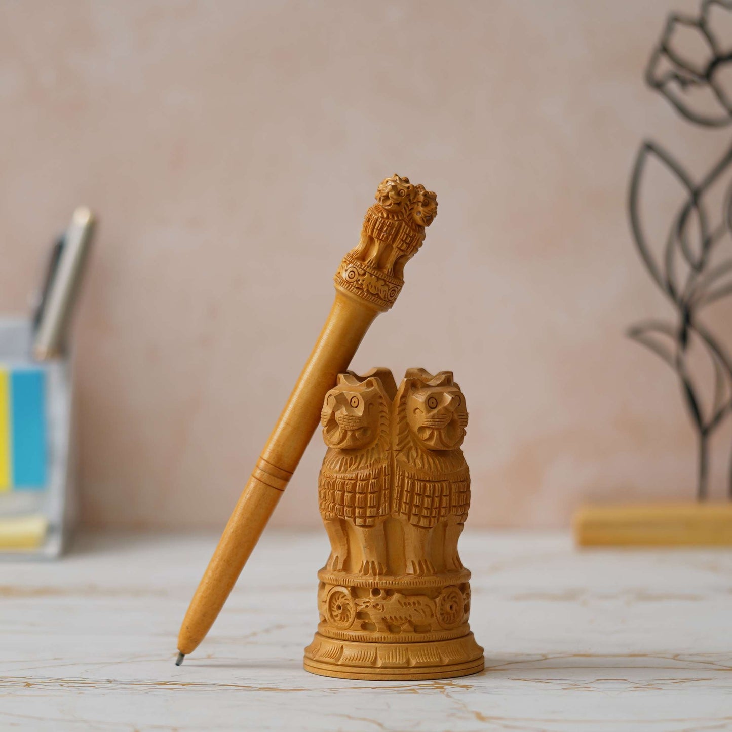 Handcrafted Wooden Ashoka Pillar – Symbol of India's Heritage and Pride