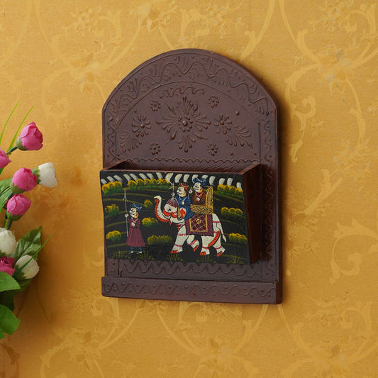 Handcrafted Wooden Wall Letter & Newspaper Holder – Rajasthani Elephant Art