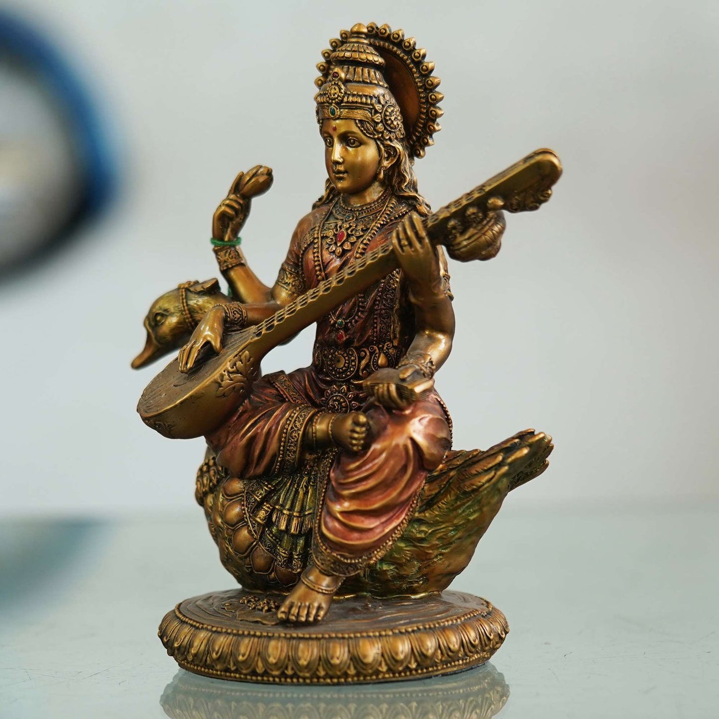 Handcrafted Brass Goddess Saraswati Idol – Seated on Swan with Veena (10 Inch)