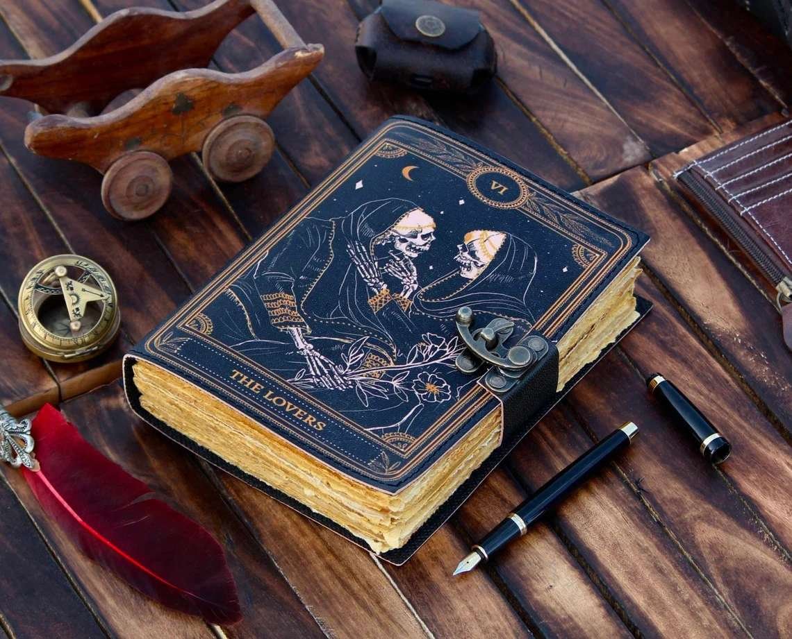 "The Lovers" Vintage Leather Journal – Gothic Skeleton Tarot Notebook