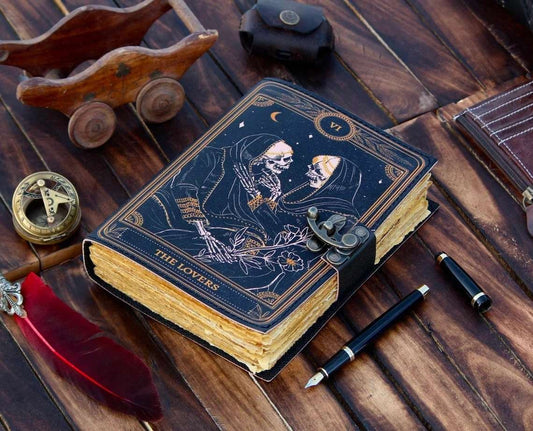"The Lovers" Vintage Leather Journal – Gothic Skeleton Tarot Notebook