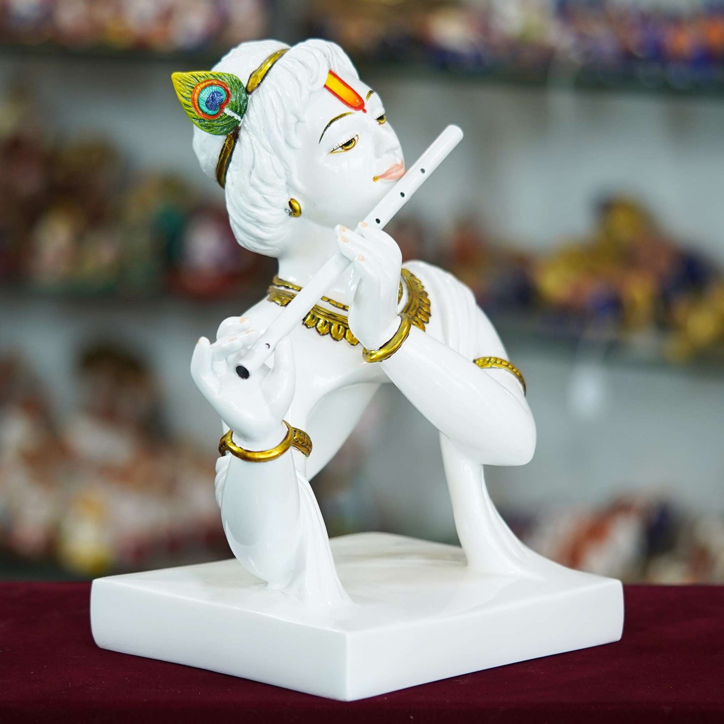 Elegant Lord Krishna Bust Statue – White Marble Finish with Flute and Peacock Feather Detail