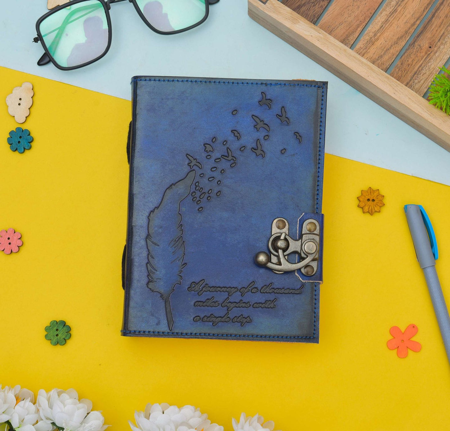 Blue Feather & Birds Leather Journal – Vintage Embossed Diary with Metal Lock