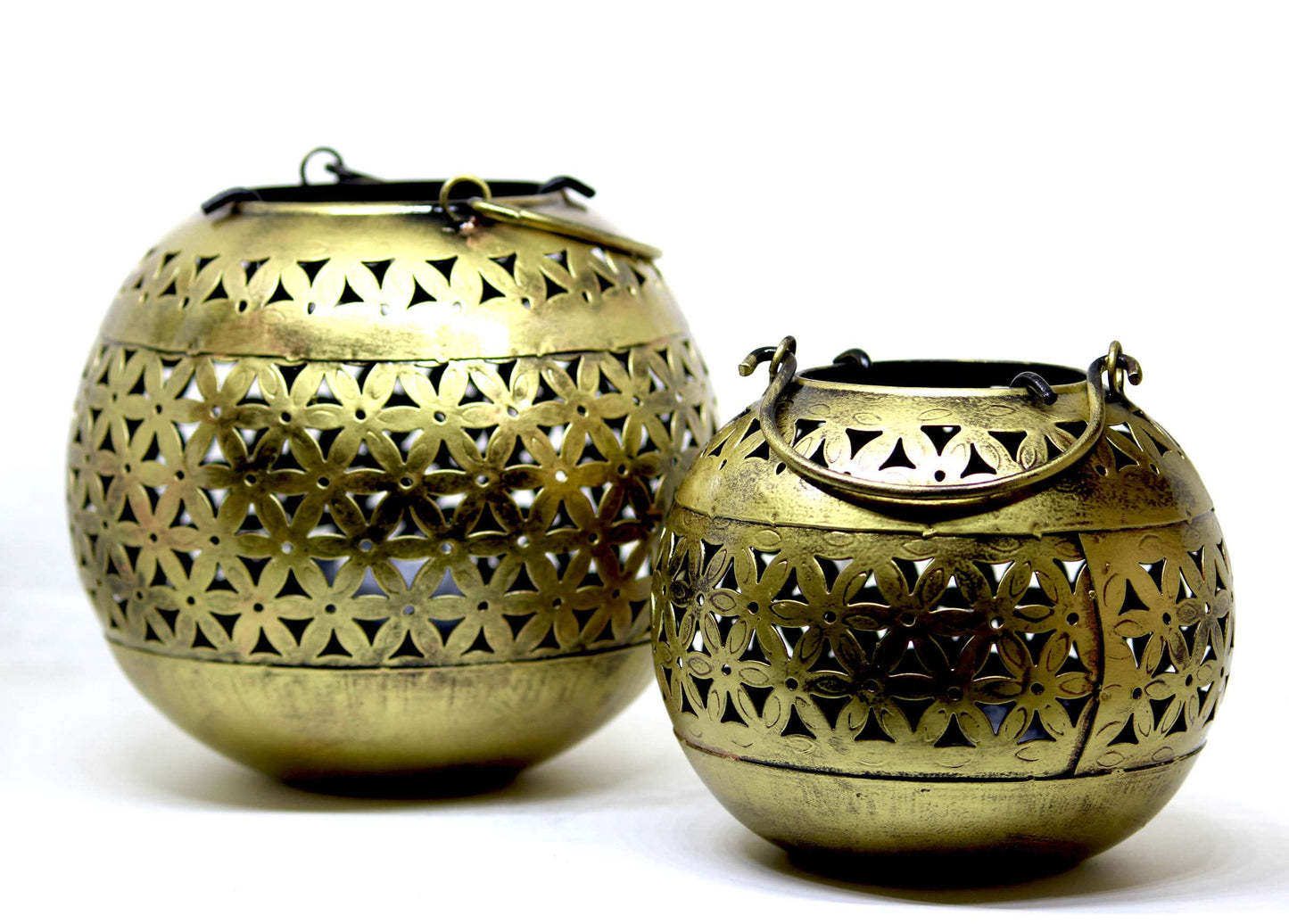 Antique Finish Bronze Lantern Set – Handcrafted Decorative Candle Holders