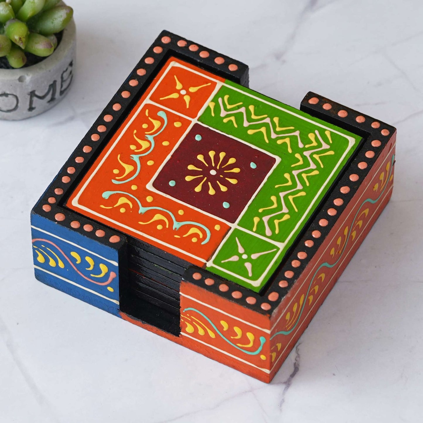 Handcrafted Multicolor Wooden Tea Coaster Set – Traditional Hand-Painted Design (Set of 6 with Holder)