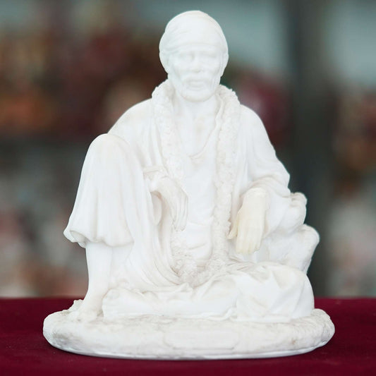 Divine Sai Baba Idol – White Marble Finish Spiritual Figurine for Home and Temple