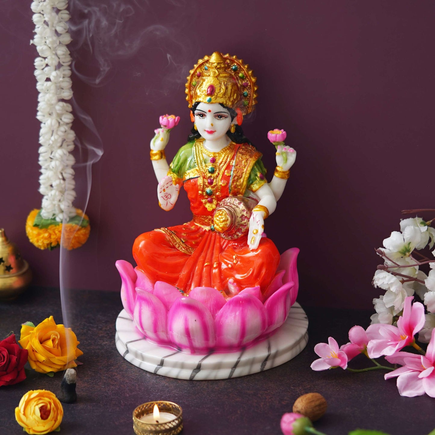 Vibrant Goddess Lakshmi Idol – Seated on Lotus, Marble Base Decorative Statue