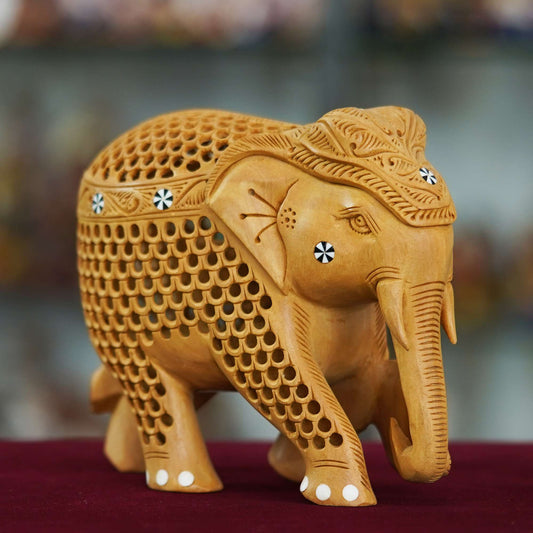 Handcrafted Wooden Elephant with Intricate Jali Work – Symbol of Strength and Prosperity