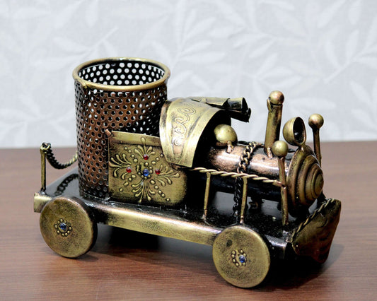 Vintage Brass Train Pen Holder – Artistic Desk Organizer with Antique Charm