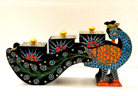 Majestic Peacock Wooden Spice Box – A Symphony of Art and Function