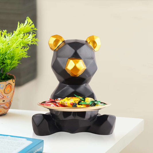Modern Geometric Bear Candy Holder – Black and Gold Resin Decorative Bowl