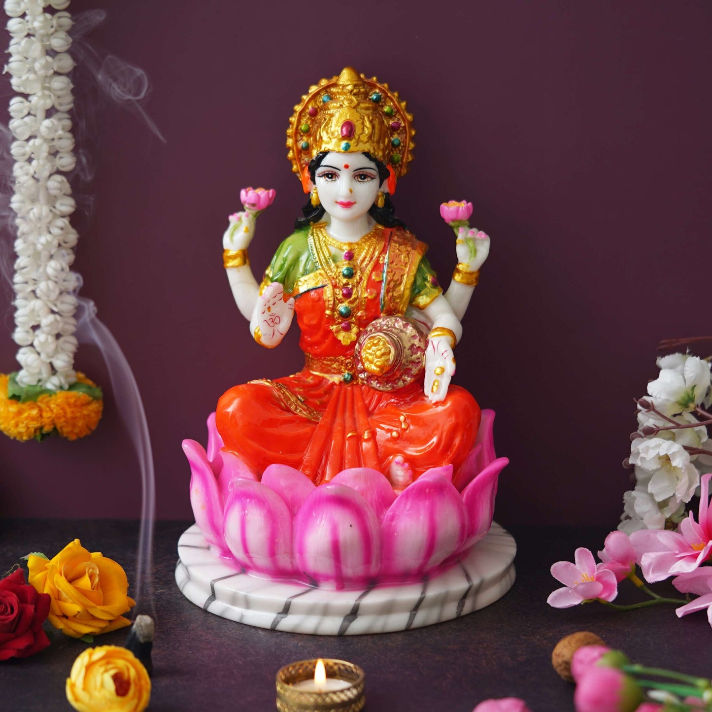 Vibrant Goddess Lakshmi Idol – Seated on Lotus, Marble Base Decorative Statue