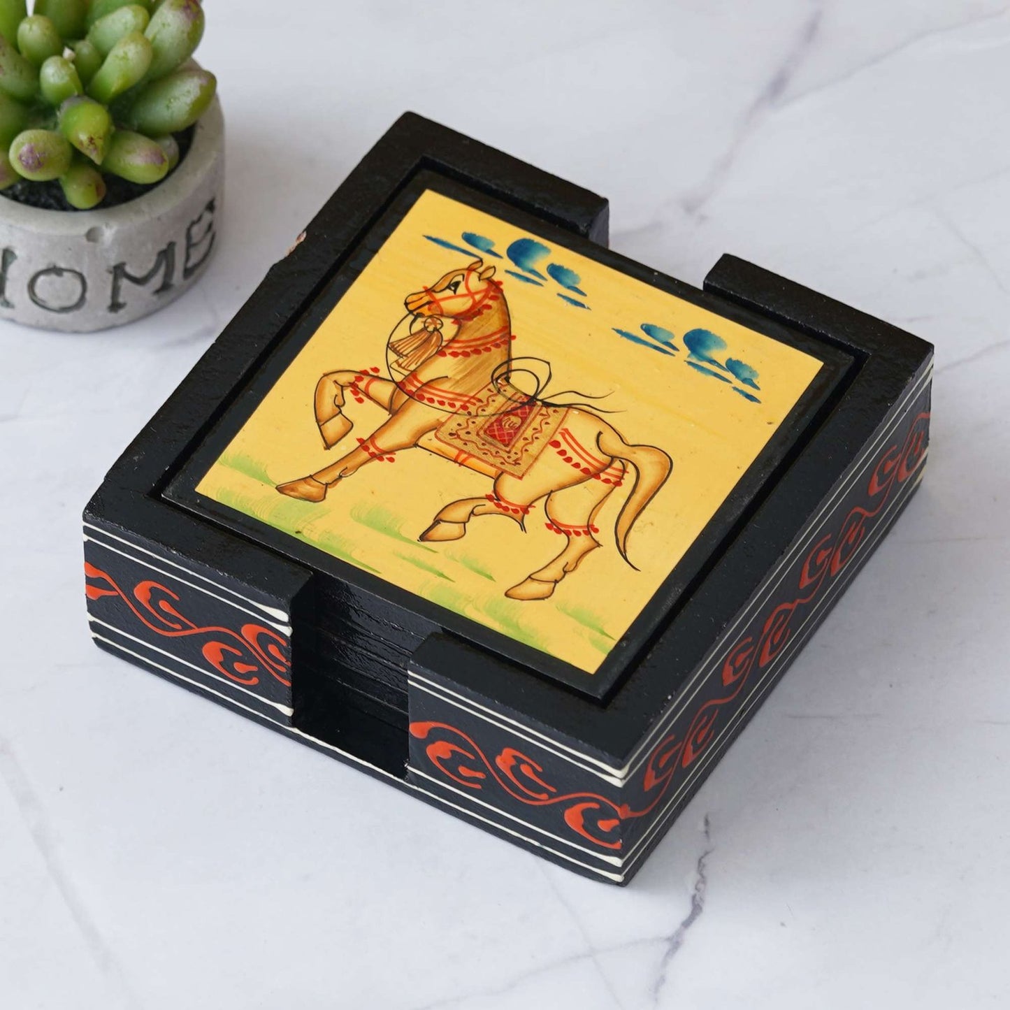 Handcrafted Wooden Horse Hand-Painted Tea Coaster Set – Set of 4 with Holder