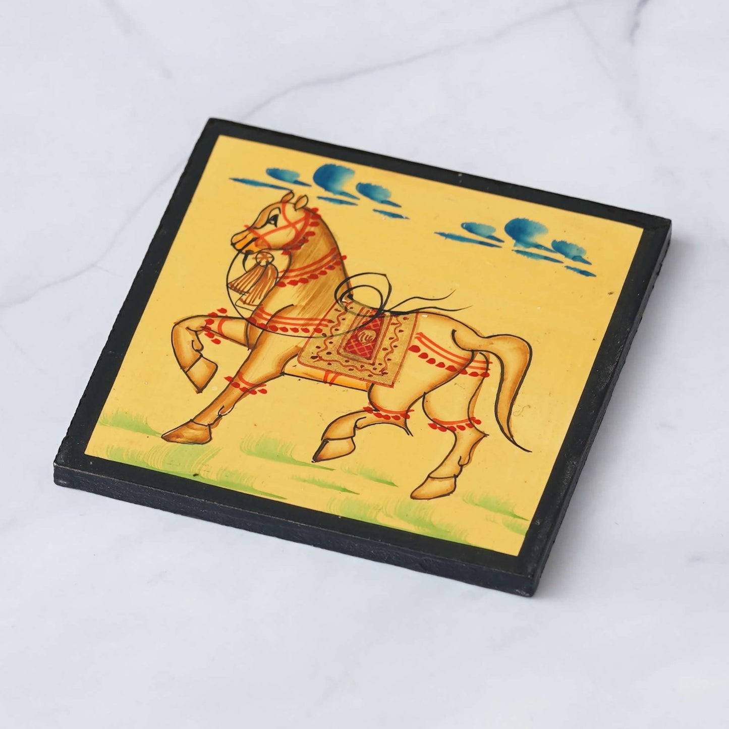 Handcrafted Wooden Horse Hand-Painted Tea Coaster Set – Set of 4 with Holder