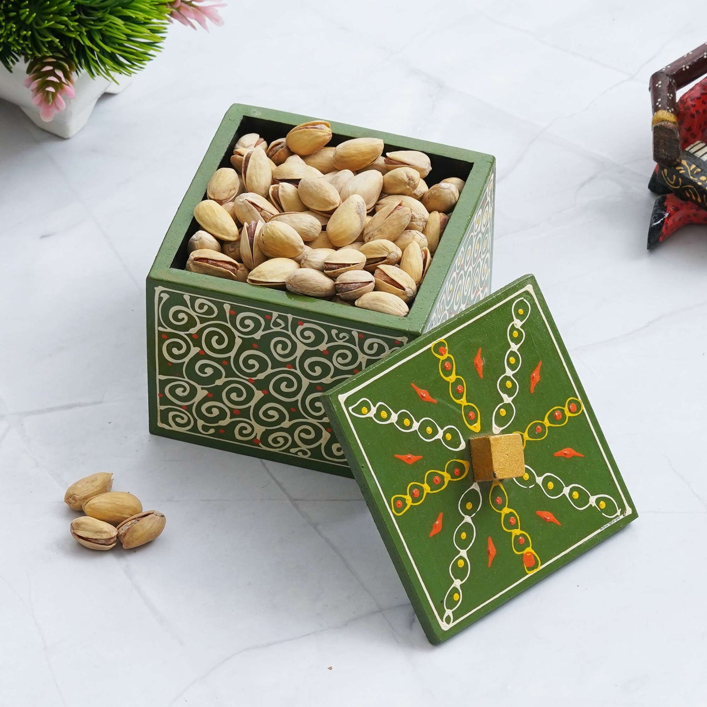 Hand-Painted Wooden Storage Box – Artistic Dry Fruit & Snack Holder