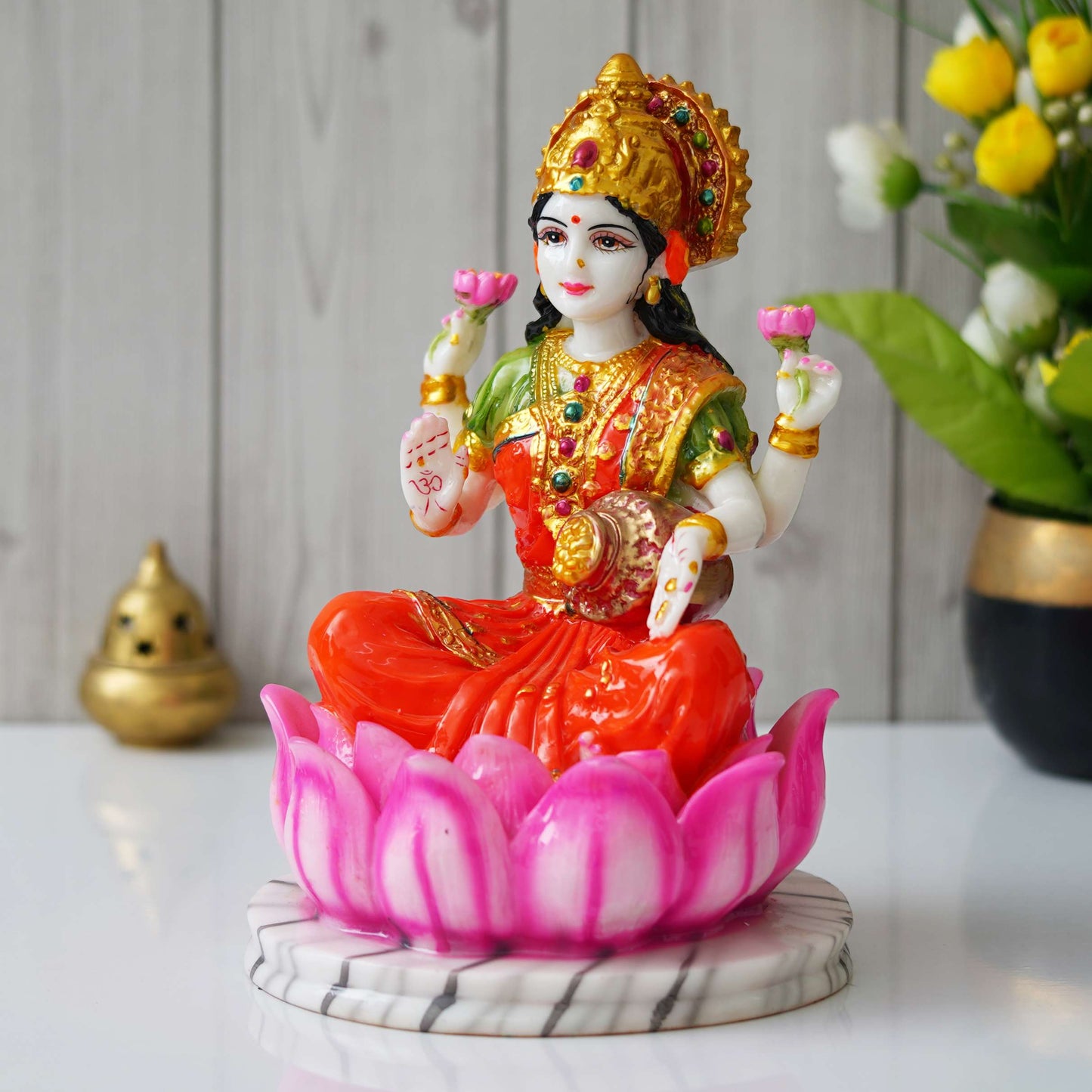 Vibrant Goddess Lakshmi Idol – Seated on Lotus, Marble Base Decorative Statue